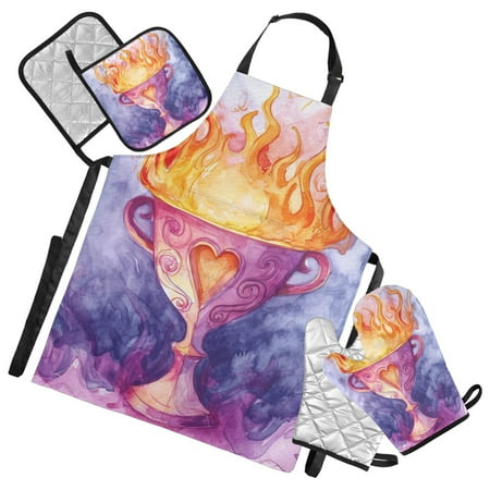 Trophy with Fire 5 Pcs Kitchen Set Heat Resistant Oven Mitts and Non-Slip Pot Holders with Adjustable Cooking Apron