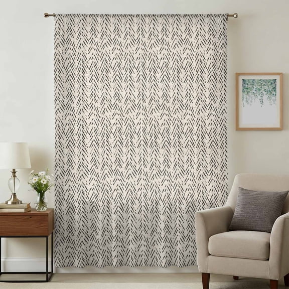 Beige Black Striped Sheer Curtains 63 Inches Long, Abstract Modern Art Irregular Stripe Light Filering Curtains, Breathable Simi Curtain Privacy Drapes for Living Room Bedroom Window Treatment