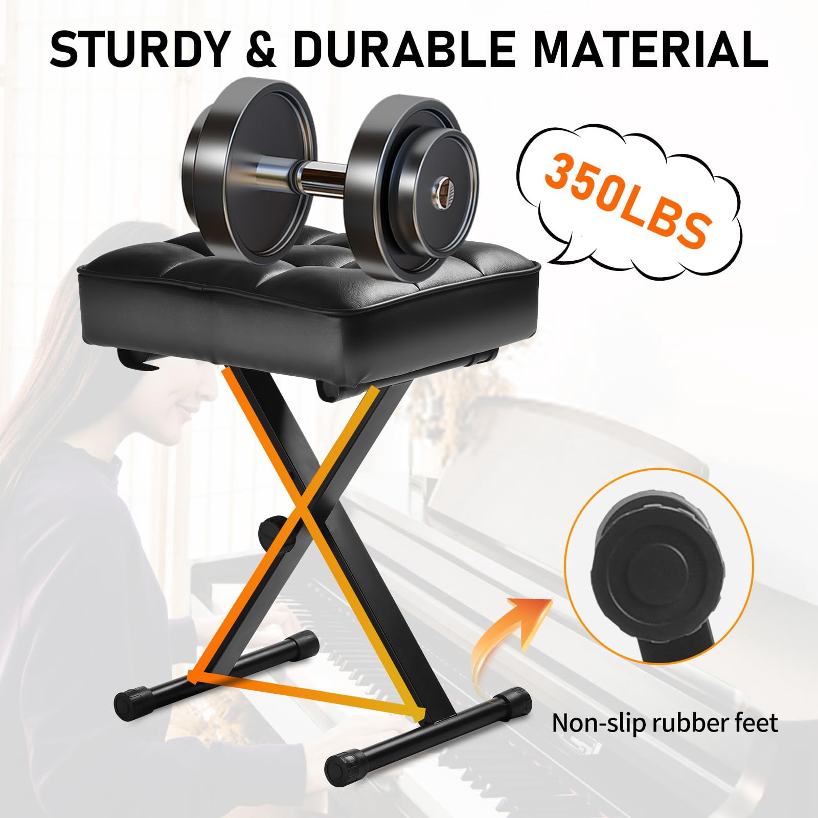 Keyboard Bench Adjustable Piano Stool - Extra Comfortable With High Rebound Sponge Cushion No Deformation Superior Support X-style Portable Foldable Chair  3 Height Adjustment(black)