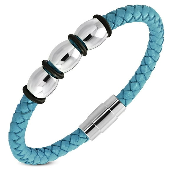 Stainless Steel Silver-Tone Blue Leather Braided Wristband Bracelet, 8"