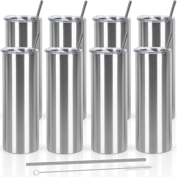 8 Pack 20 oz Skinny Straight Tumbler Bulk, Stainless Steel Double Wall Insulated Tumblers with Lids and Straws, 20 oz Slim Travel Cup for Drinks Coffee Water, Diy Gift Tumbler, Silver