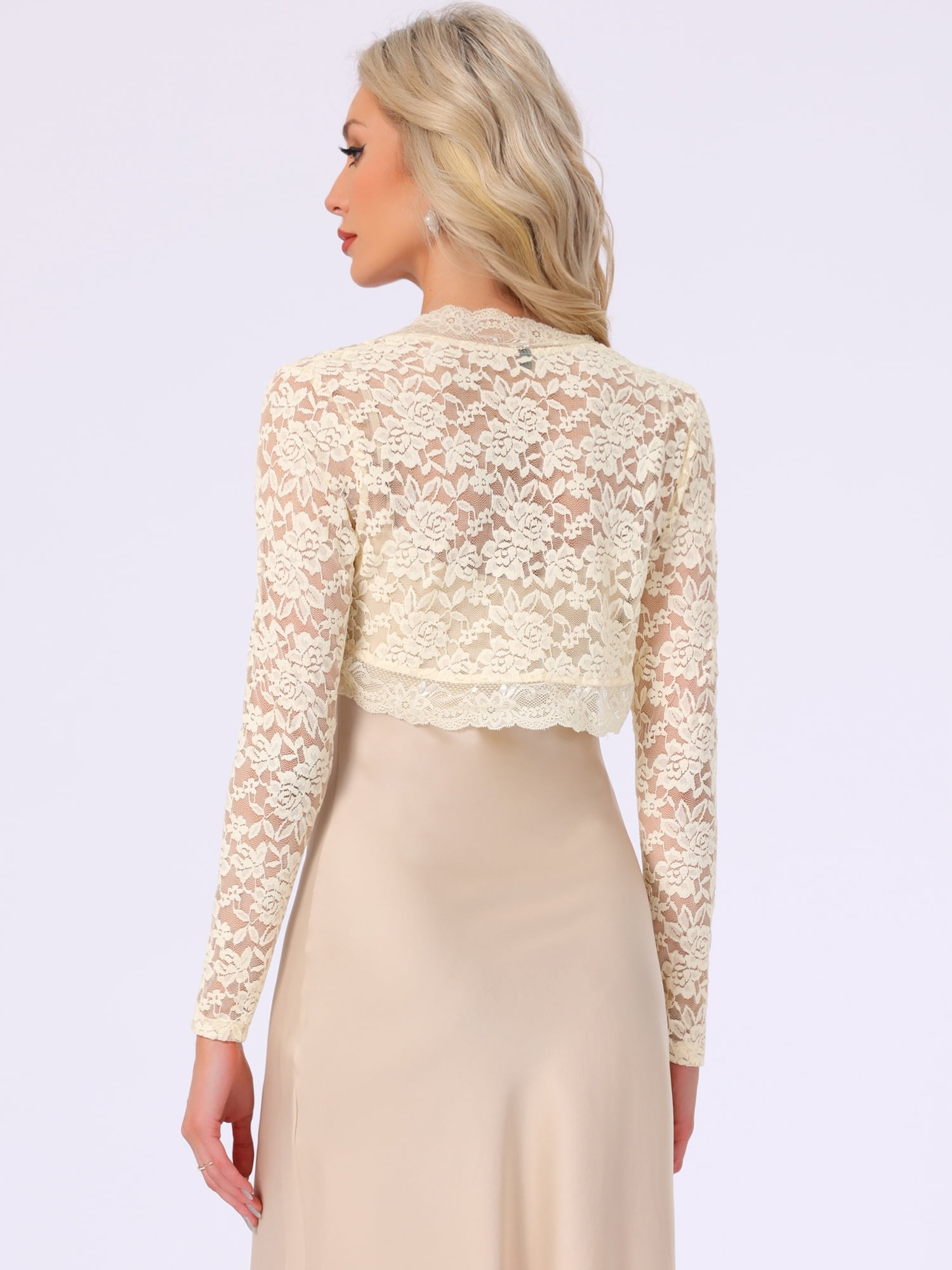 DARING DIVA Women's Floral Bolero Shrug Long Sleeve Sheer Cropped Lace Cardigan S Apricot