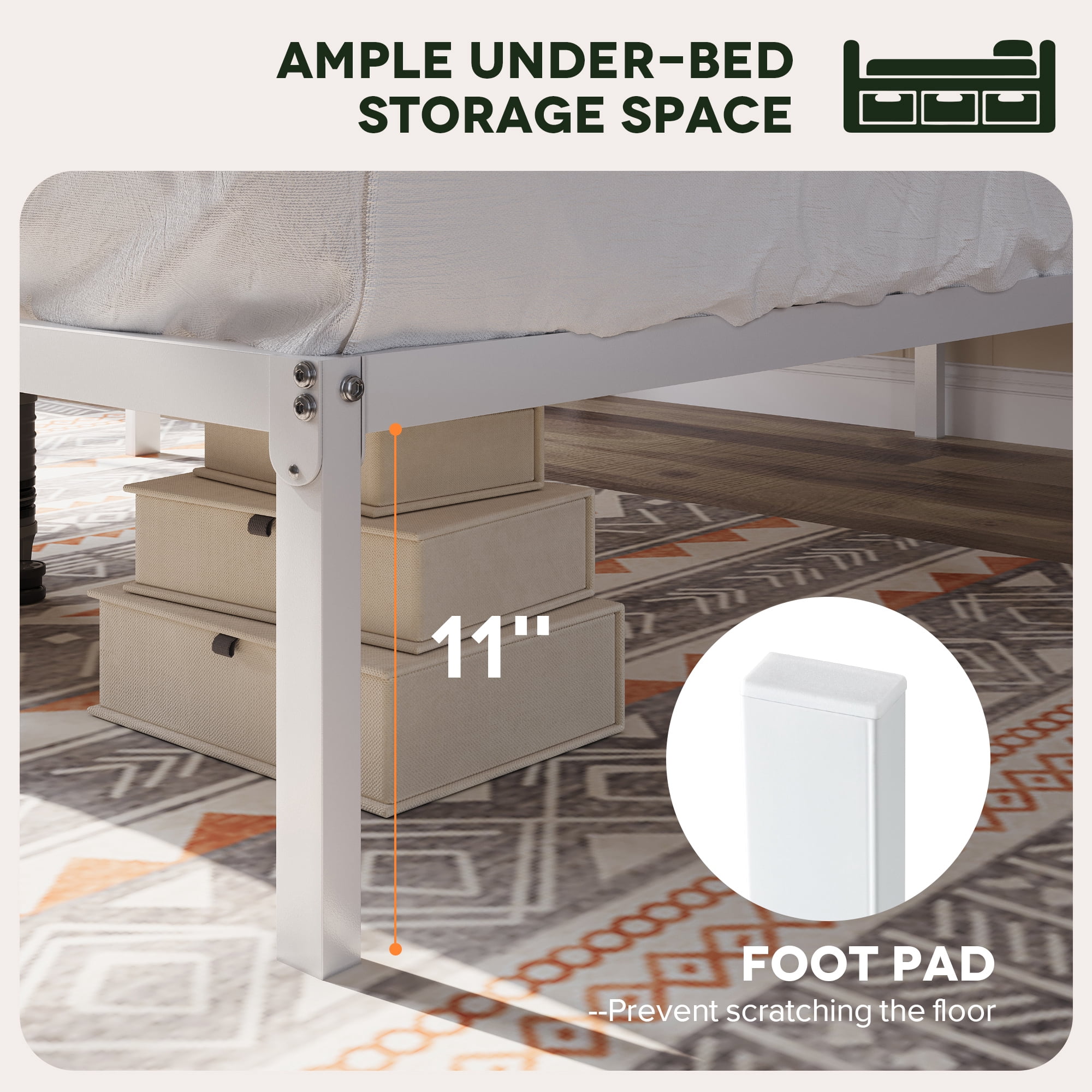 Einfach Twin Bed Frame, 12'' Metal Platform Bed with Ample Under-Bed Storage Space, Heavy Duty, No Box Spring Needed, White