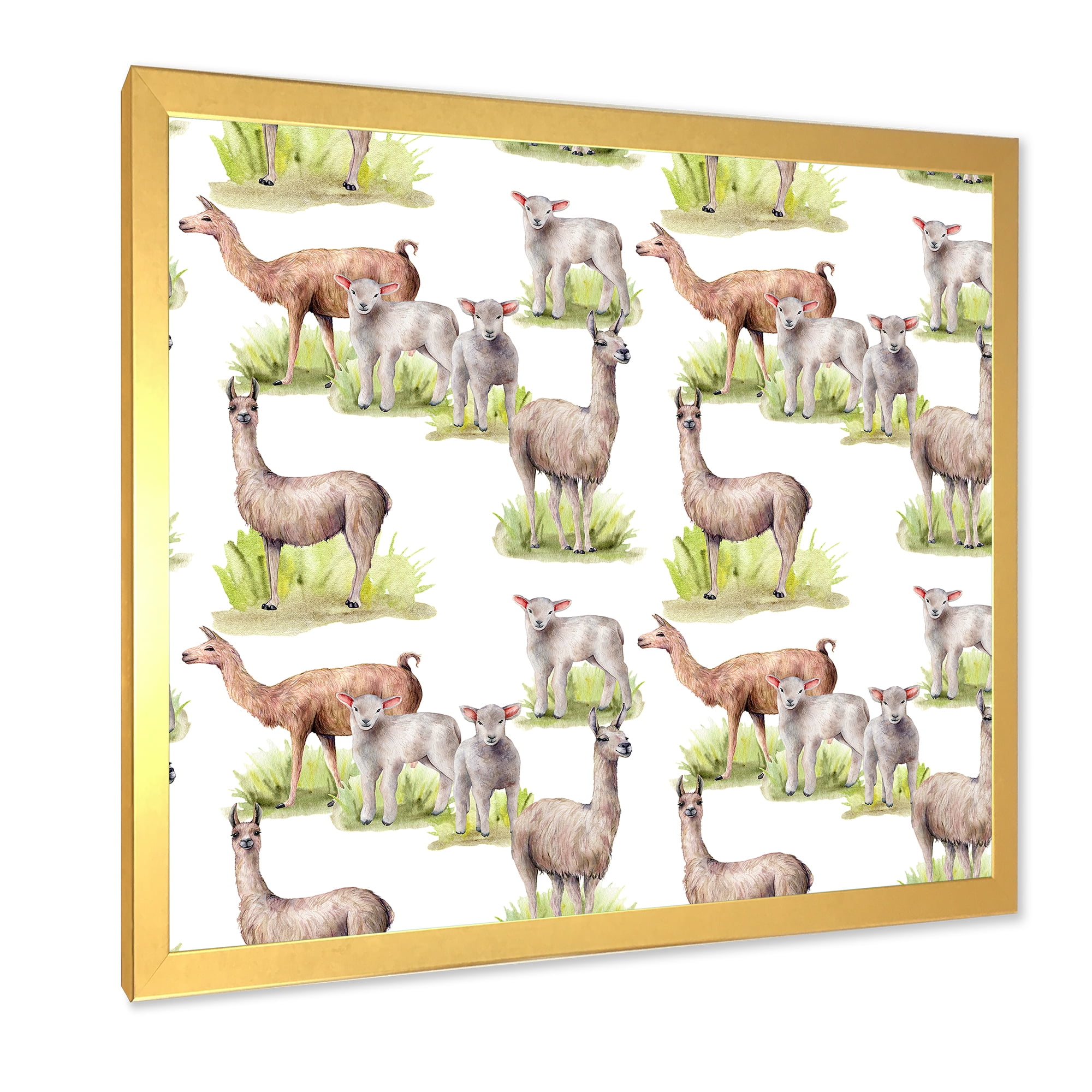 Designart 'Lambs and Lamas On A Green Meadow' Farmhouse Framed Art Print