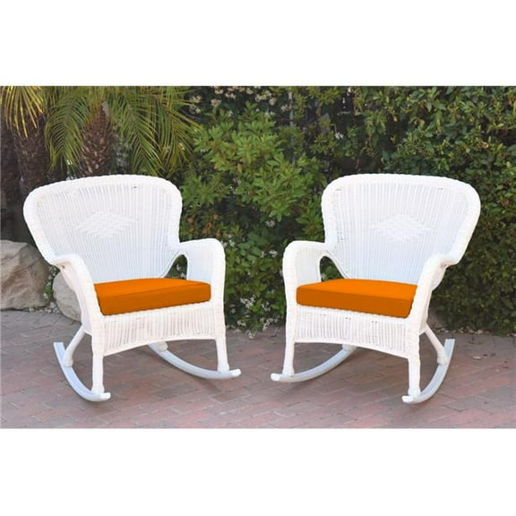 Jeco W00213-R-2-FS016 Windsor White Resin Wicker Rocker Chair with Orange Cushion - Set of 2
