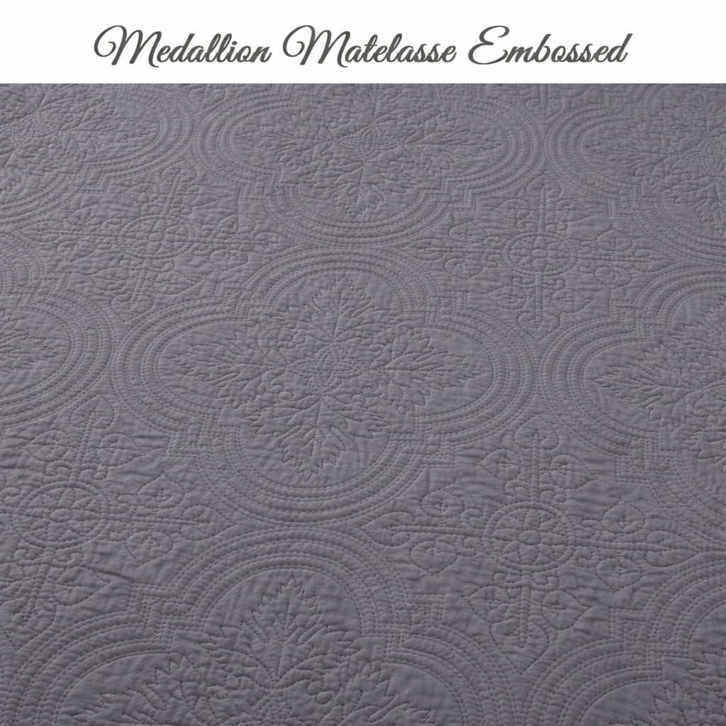 Victorian Medallion Matelassé Pure Solid Gray Scalloped Edge Cotton Quilt Bedding Set