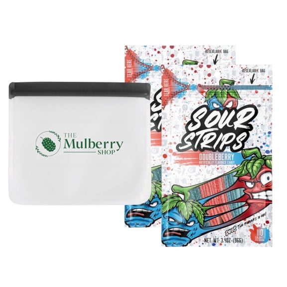 Sour Strips Doubleberry Candy 3.4 oz Bags 2 Pack with Storage Bag by The Mulberry Shop