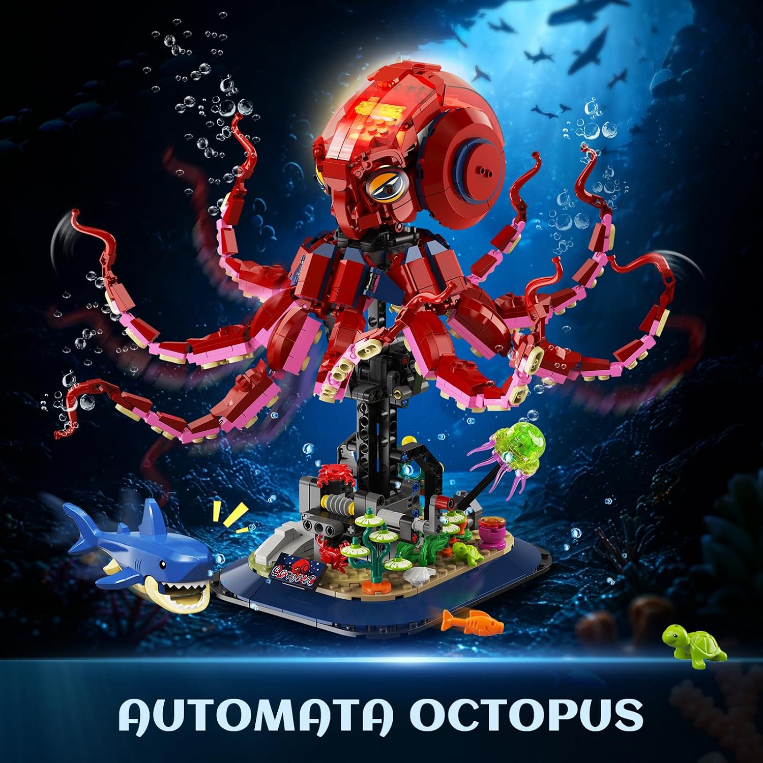 TERRAMUS Set de Construcción de Pulpo Mecánico, 1031 Piezas Kit de Bloques de Animal Oceánico Autómata Móvil con Soporte de Exhibición de Aguas Profundas para Niños de 12+ Años 2