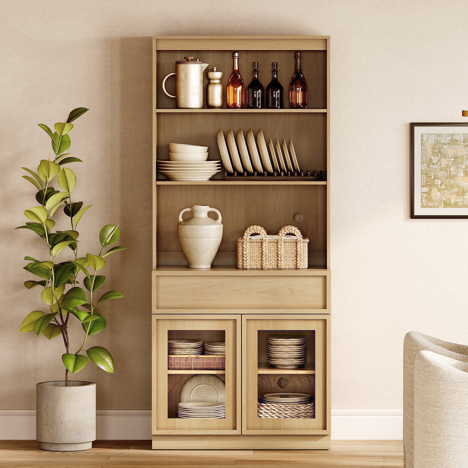 Modern 72" Tall Sideboard Buffet Cabinet, Glass Door Storage Cabinet with Drawers & Adjustable Shelves, Wood Console Cabinet for Dining Room,Entryway,Living Room,Oak