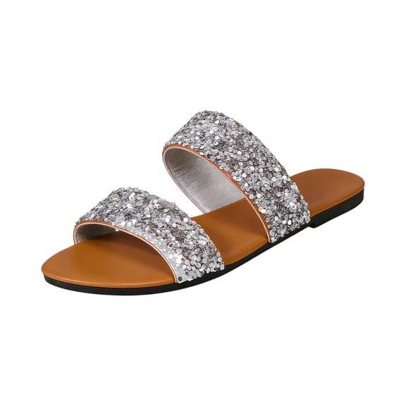 IEMIEMIEM Women's Glitter Rhinestone Flat Sandals 2026 Slip On Comfortable Open Toe Double Strap Summer Non Slip Slides Light Brown 7 Wide