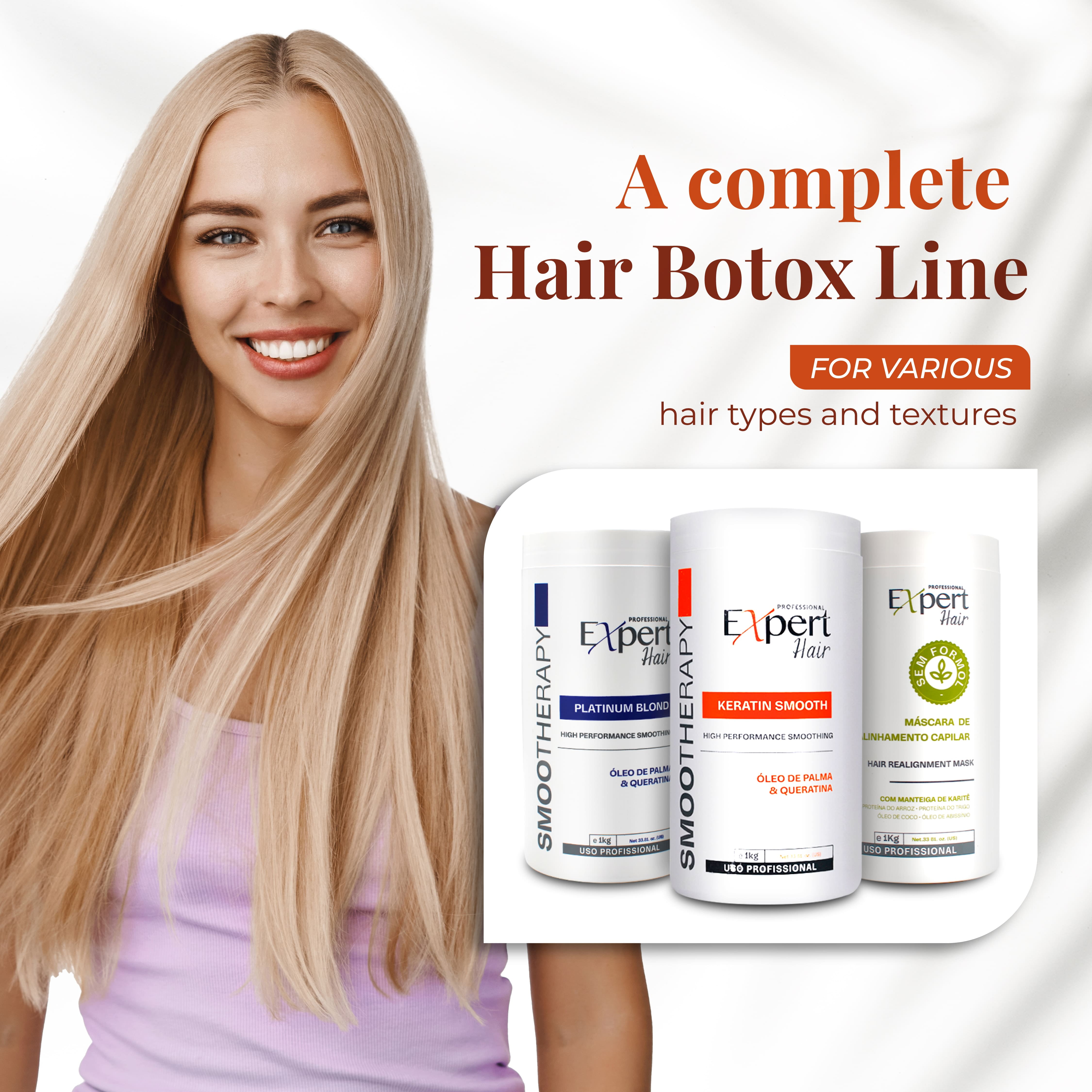 Expert Hair Keratin Smooth Botox for Hair, Anti-Frizz, Natural Look, Queratina para Alisar el Cabello, Thermo-Active, Suitable for All Hair Types (1kg/35.3 oz.)