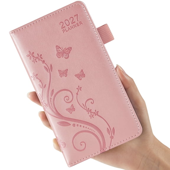 NIRMIRO 2027 Pocket Planner, A6 (3.8"x7") Weekly & Monthly Calendar with Monthly Tabs, Leather Hardcover, Inner Pocket, for Women Men Organizing