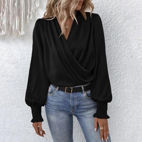 V Neck T Shirts for Women, Elegant V Neck Balloon Sleeve Solid Color Polyester Shirt, Black M