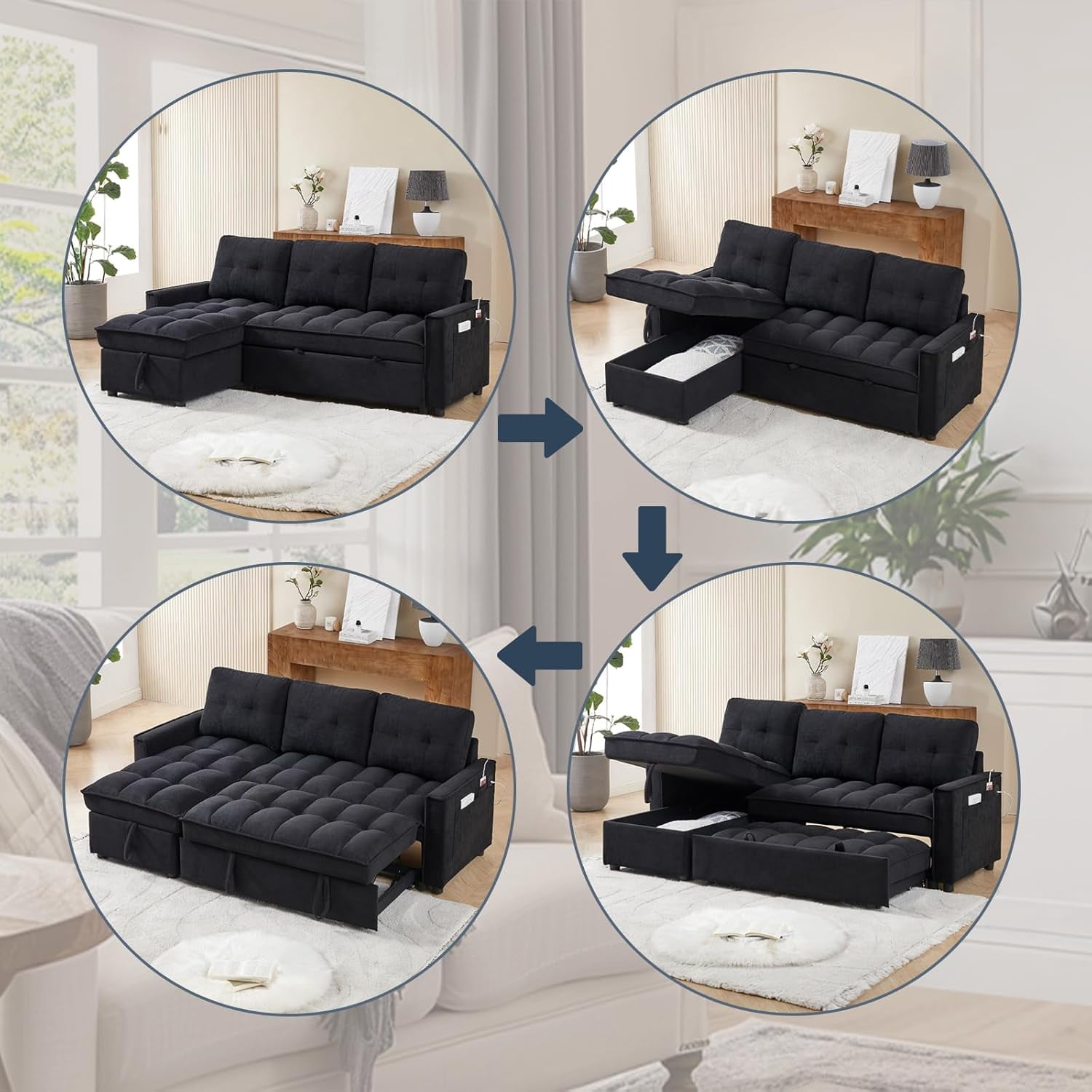 AENKYO 78.75" Reclining Sleeper Sofa with Pull-Out Bed and Built-in Charging Station, 3-Seat Sectional Couch with Cup Holders, Black