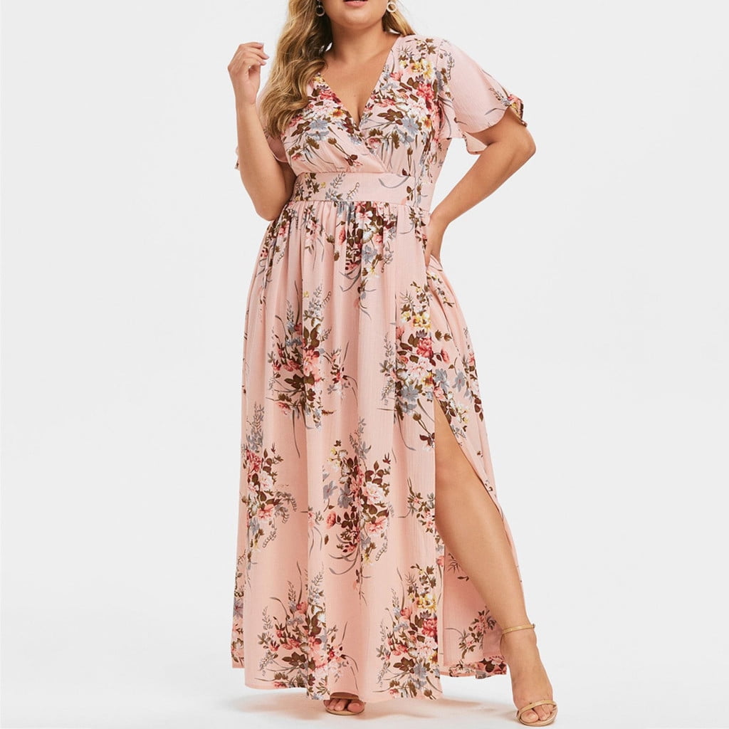 Womens Short Sleeve Side Split Floral Print Summer V-Neck Party Long Maxi Dress