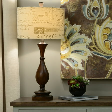 - Walnut Turned Resin Table Lamp with French Script Shade