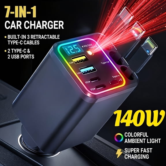 140W 7‑in‑1 Retractable Fast Car Charger, 180° Adjustable Plug, LED Digital Display Ambient Light, Multi‑Port USB‑C All‑in‑One Vehicle Phone Charger for Daily Use Travel
