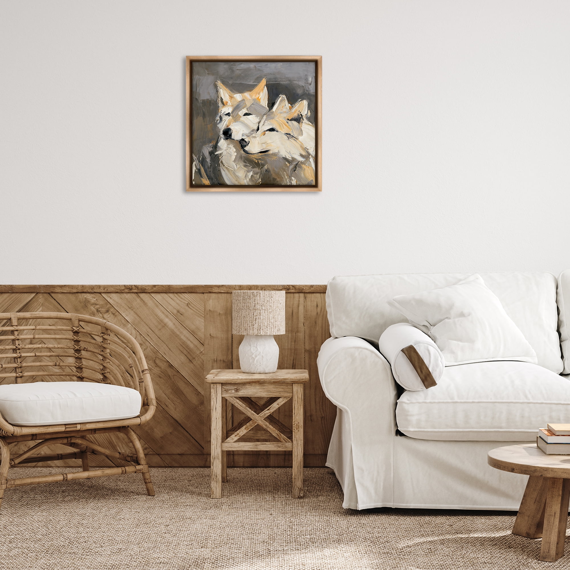 Stupell Industries Cuddling Wolf Pair Animals & Insects Painting Brown Floater Framed Canvas Art Print Wall Art, 25 x 25