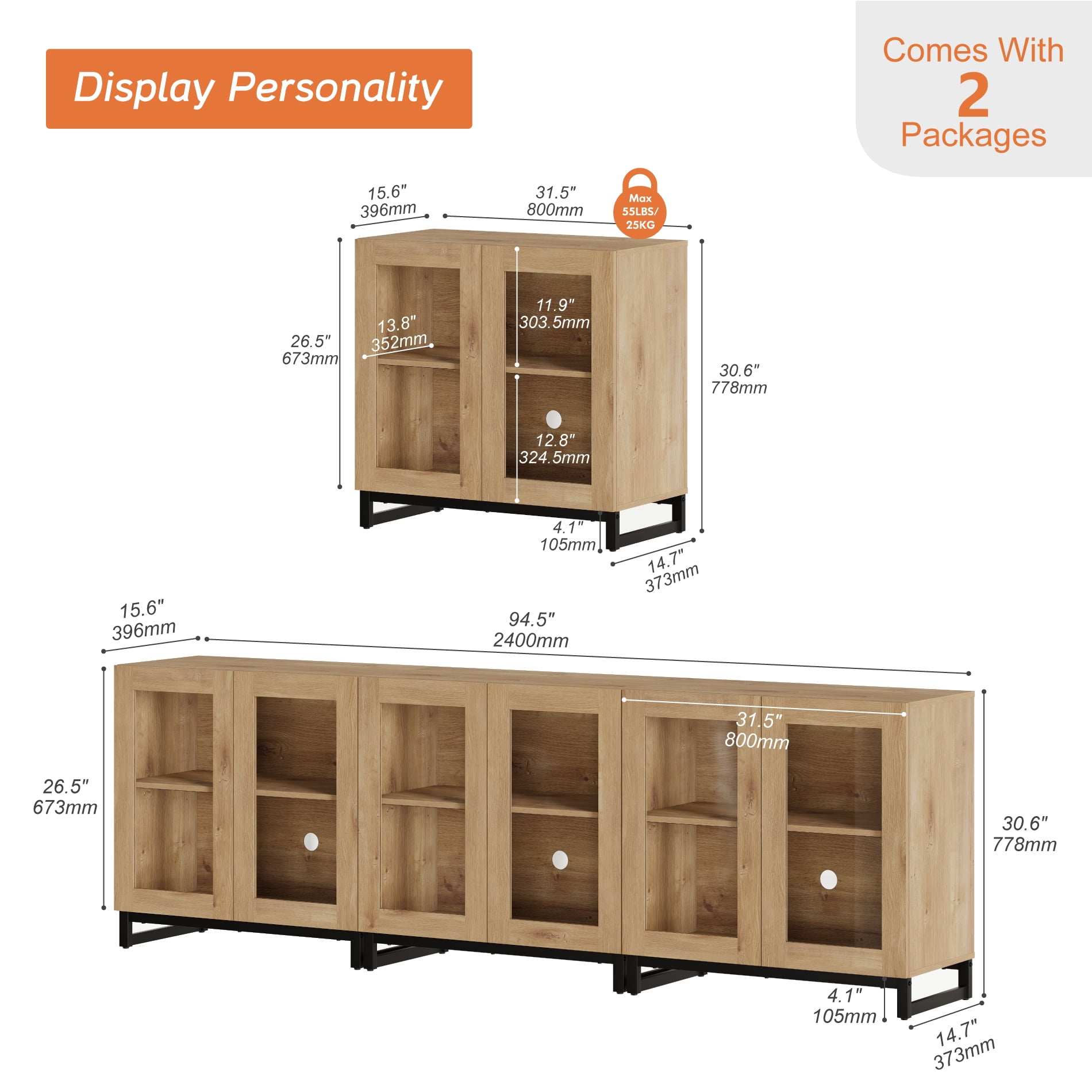 WAMPAT 3 in 1 Multifunctional Sideboard Buffet Cabinets with 6 Glass Doors, Modern Sideboard Credenza with Adjustable Shelf, Coffee Bar Storage Cabinet for Living Room, Kitchen, Oak