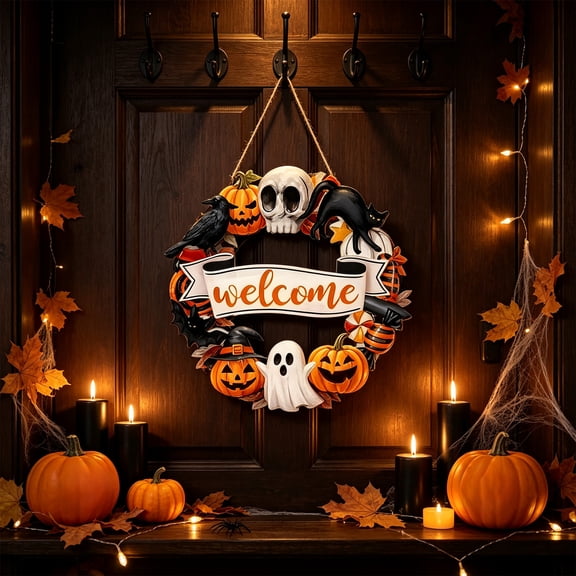 Halloween Door Decor,Halloween Home Decor,Halloween Door Hanging Sign Wreath Decorations, Welcome Halloween Ghosts Pumpkins Wooden Hanger Home Decor Party Supplies(C 11*11IN)