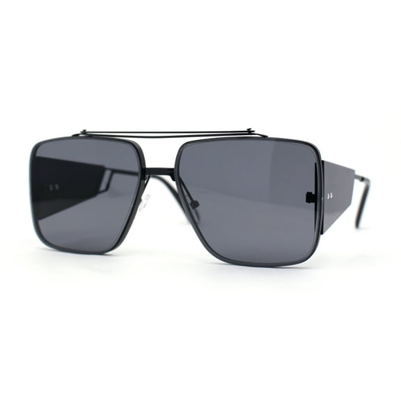 Luxurious Rectangle Flat Top Bridge Racer Metal Rim Officer Sunglasses All Black