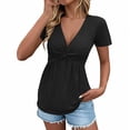 thumbnail image 2 of Xuyuer Womens Front Knotted V-Neck Blouse T Shirt Short Sleeve Oversized Tunic Tops Summer Solid Pullover Tees, 2 of 9
