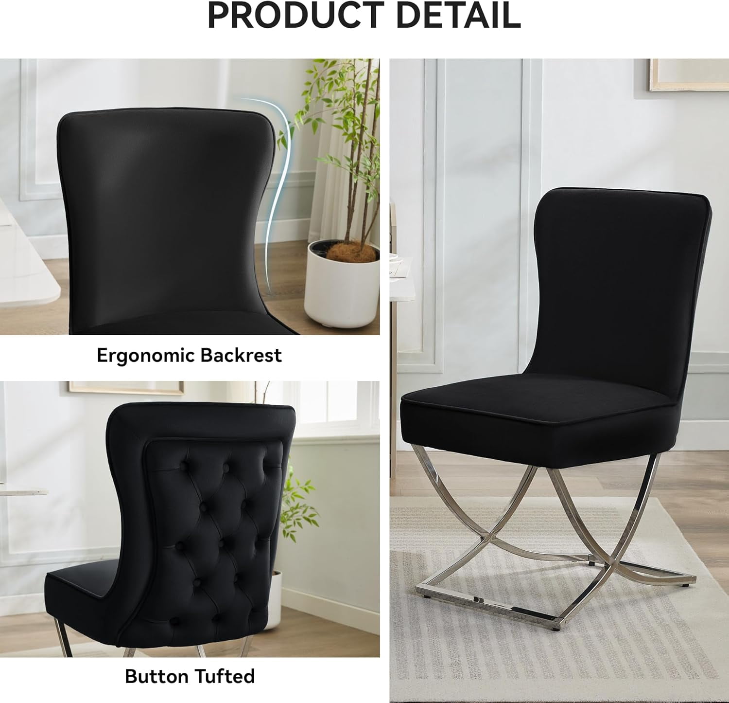 2PCS Luxury Velvet Dining Chairs, Tufted Upholstered Armless Accent Chairs with Silver Metal X-Legs, Modern Glam Dining Chair Kitchen Chairs, Black
