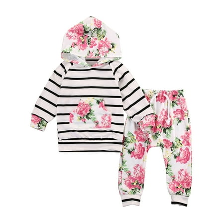 StylesILove Infant Baby Girl Floral Pattern Long Sleeve Hoodie and Pants 2 pcs Outfit (90/12-18 Months, Pink)