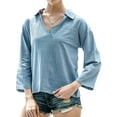thumbnail image 1 of Women Pocket Long Sleeve Stand Collar V Neck Solid Color Shirt, 1 of 7