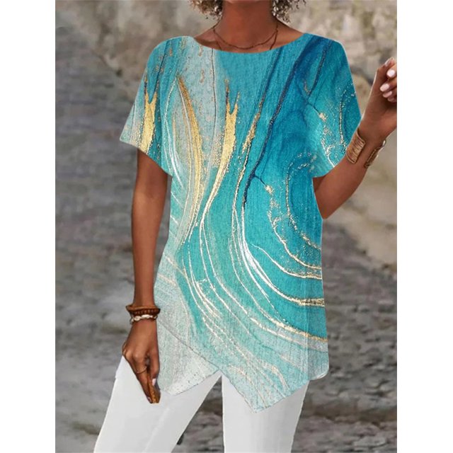 Camiseta holgada de manga corta con estampado geométrico para mujer, ropa informal de calle con dobladillo Irregular, Tops de cuello redondo para mujer 2023