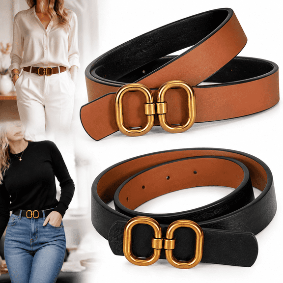 Reversible Leather Belt for Women with Gold Buckle Ladies Leather Belt for Jeans Pants