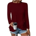 thumbnail image 2 of GA WEIHUA Womens Casual Ruffle Hem T Shirts Dressy Casual Crew Neck Tops 2025 Fashion Hollow Out Lace Embroidered Blouses Shirts Long SLeeve Soft Blouse Loose Fit Tees(Wine,S）, 2 of 7
