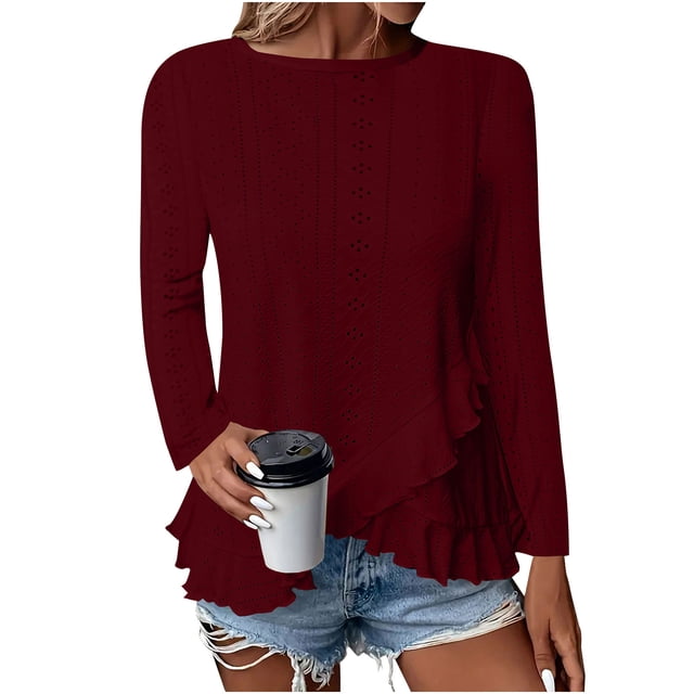 Tidyack ,Bon Rapport Qualité-Prix,T-shirt Uni, Col Rond Manches Longues, Détail Ourlet en Dentelle, Tenue Décontractée, pour Femmes, Mode de Tous les Jours, 100 % Coton, Confort Extensible, Style d'Été, Tenue de Bureau
