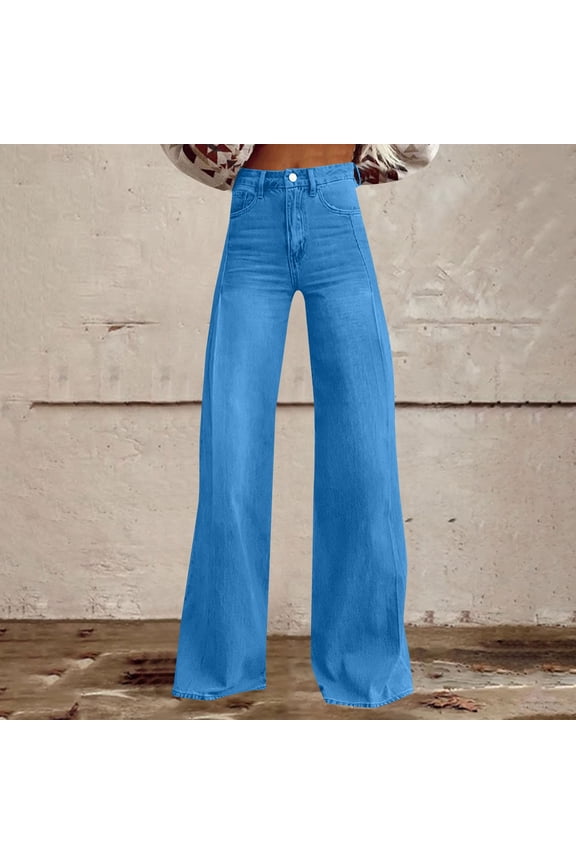 Women's Solid Color Wide Leg Pants, High Waist 90s Style Jeggings with Back Pockets, Casual Streetwear Denim Look Pull-On Pants for 2025 Summer Fashion Sky Blue