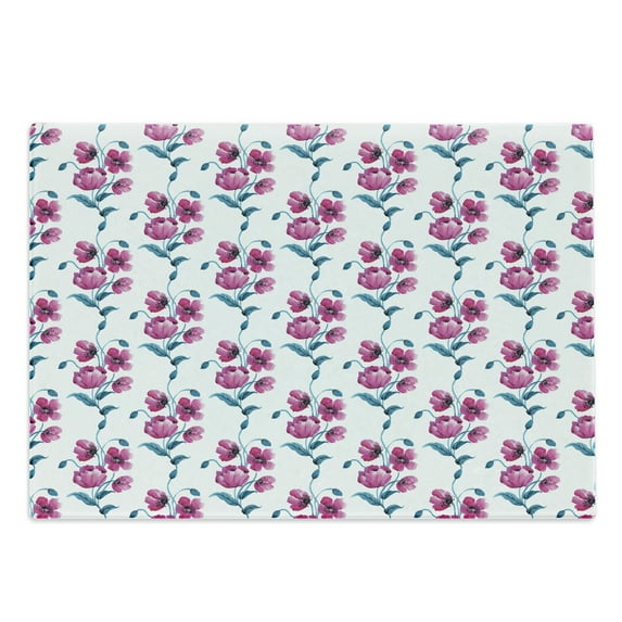 Flower Cutting Board, Poppies Ornamental Vintage Style Design Leaves Buds Botany Art, Decorative Tempered Glass Cutting and Serving Board, Large Size, Fuchsia and Petrol Blue, by Ambesonne