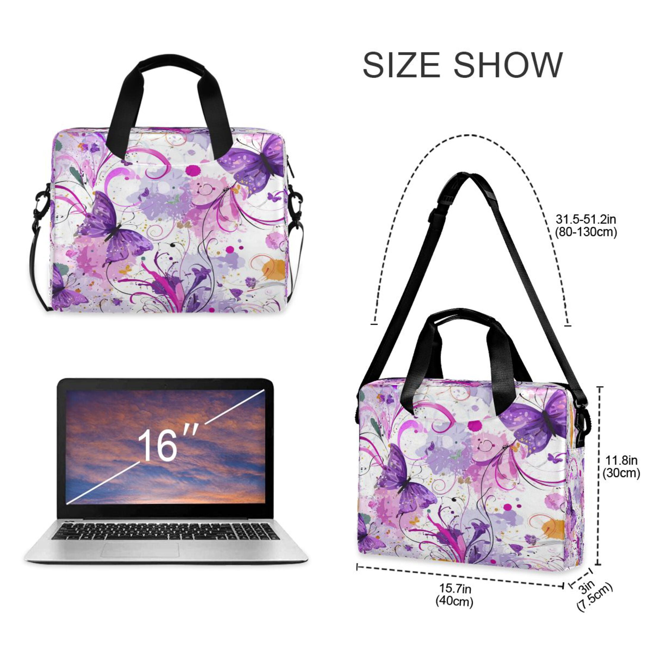 16" Laptop Tote Bag Laptop Sleeve Case Computer Briefcase for Work & Travel Purple Butterfly with Swirls