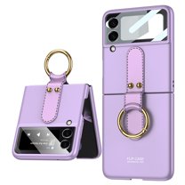 Dteck Case with Galaxy Z Flip 3 Case with Ring, Z Flip 3 Case with 9H Glass Camera Lens Protector, Leather Full Protective Shockproof Anti-Scratch Slim Cover for Z Flip 3 Case, Purple