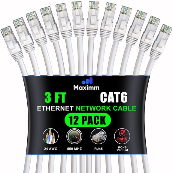Maximm Cat 6 Ethernet Cable 3 Ft, (12-Pack) Cat6 Cable, LAN Cable, Internet Cable, Patch Cable and Network Cable - UTP (White) 3 Feet ethernet Cord