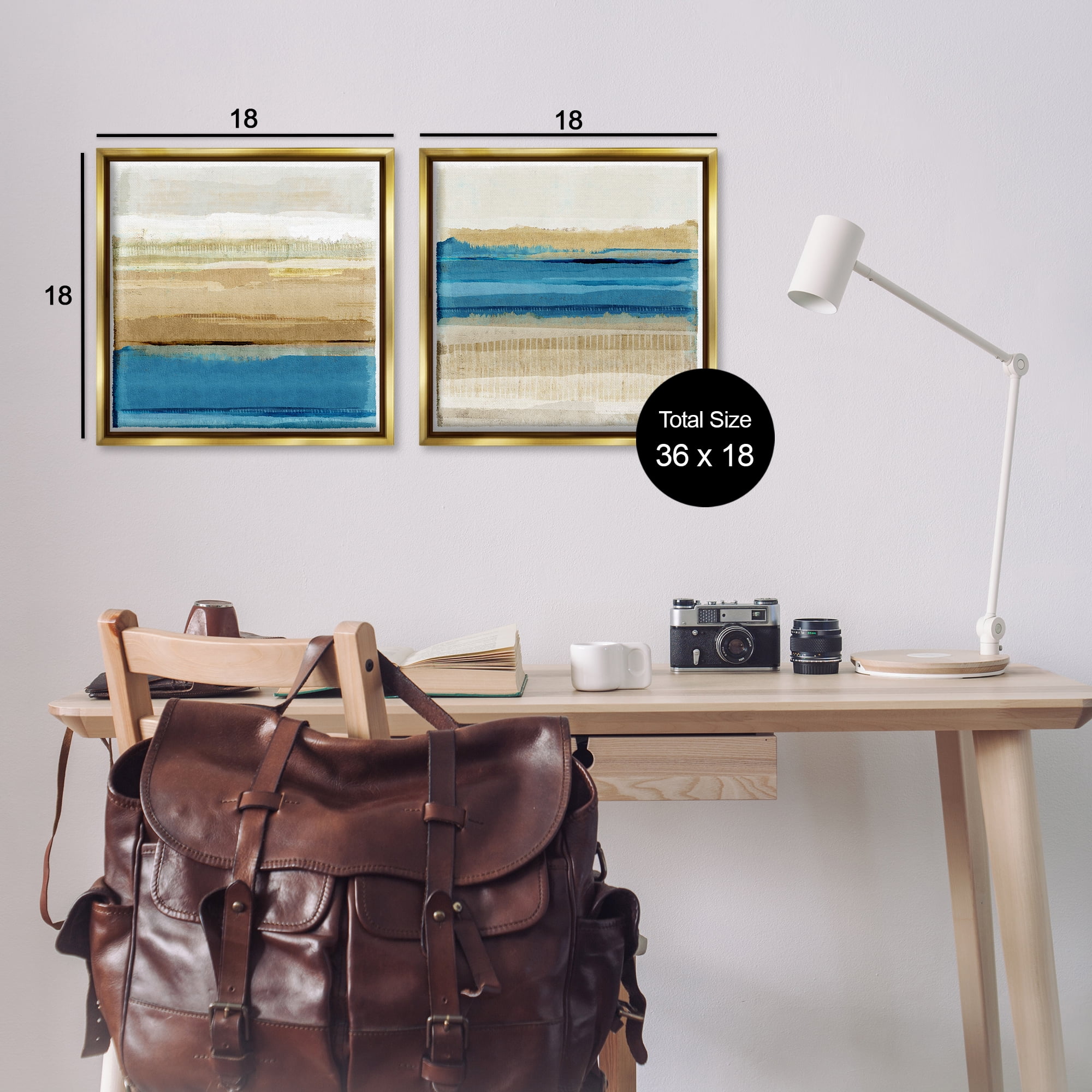 Stupell Industries Blue Gold Daze Striped Abstract Abstract Painting Gold Floater Framed Canvas Art Print Wall Art, 18 x 18, Set of 2