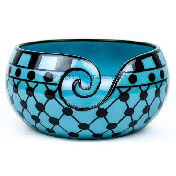 Nagina International Ceramic Attractively Hand Painted Gorgeous Stoneware Yarn Ball Storage Bowl With Innovative Dispensing Curl | Knitting & Crochet Accessions (Medium, Dawn Blue)