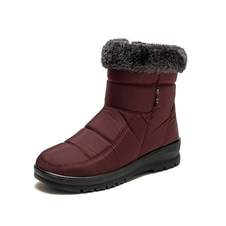 

Crocowalk Women Lightweight Solid Snow Boots Work Slip Resistant Thick Fleece Fuzzy Booties Flat Mid Calf Boot Red 7.5