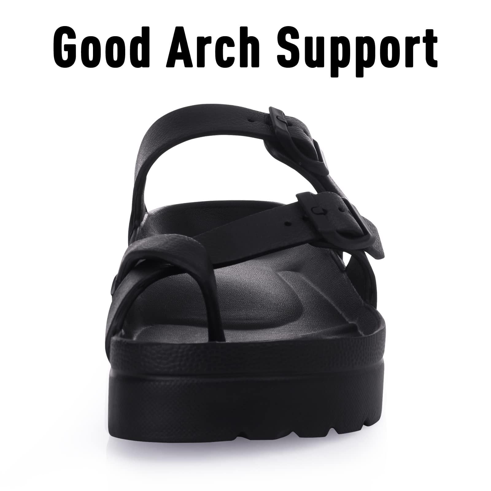 Litfun Slides for Women Thick Soles Slide Sandals with Arch Support Adjustable Buckle Platform Sandals, Black, 8-8.5