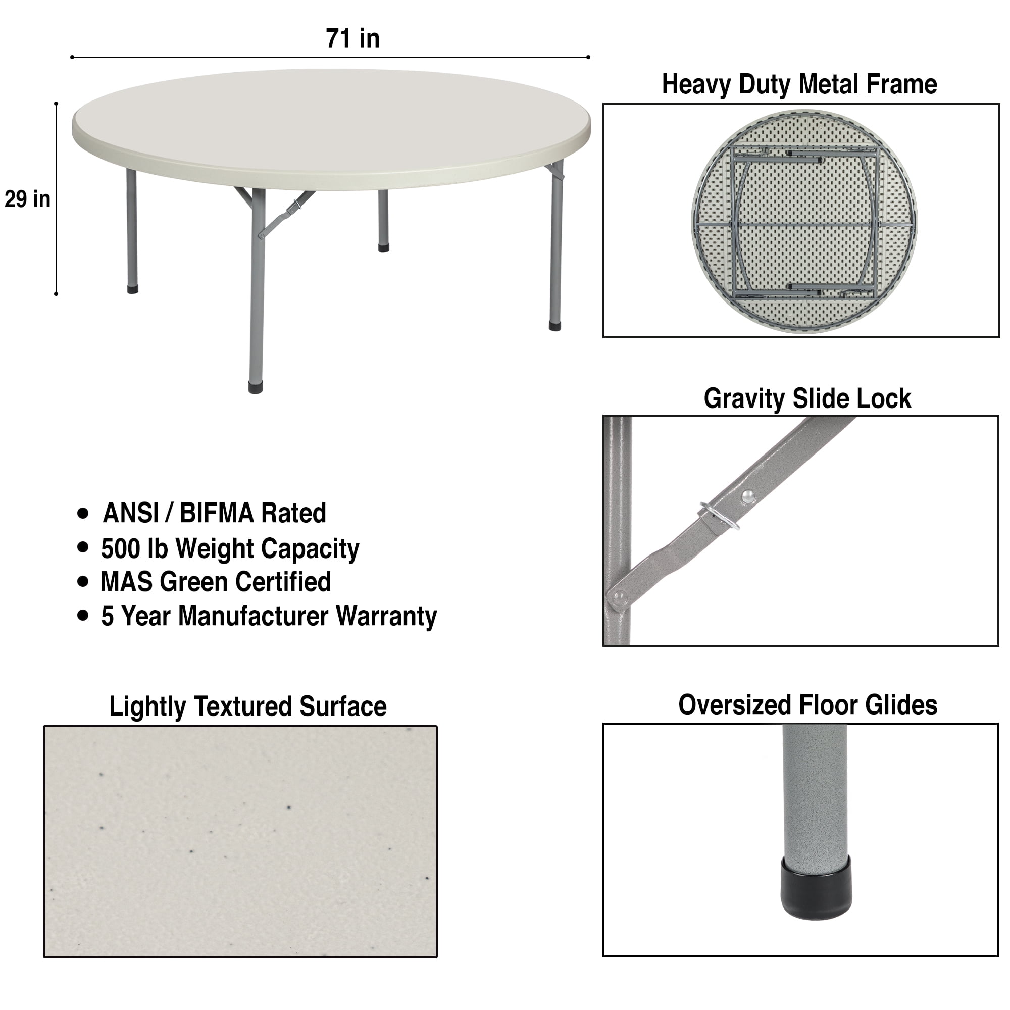 Hampden Furnishings Baldwin Collection 71" Plastic/Steel Round Folding Table, Grey