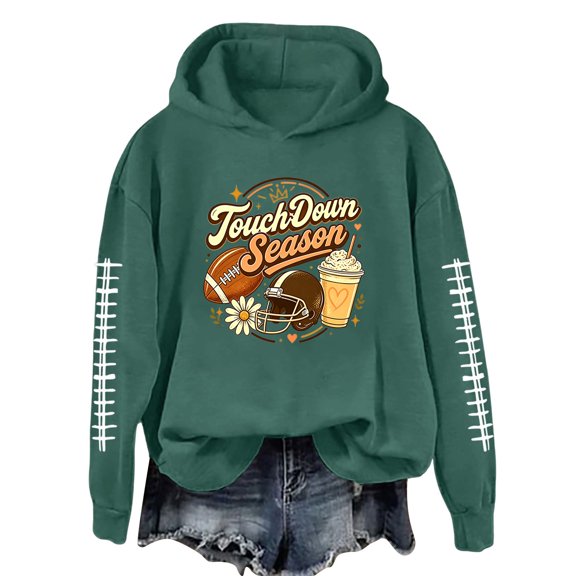 BODOAO Women's Touchdown Season Football Graphic Hoodie Long Sleeve Pullover, Casual Game Day Sports Fan Sweatshirt with Helmet Coffee Floral Print for Fall Tailgate Wear Blackish Green L