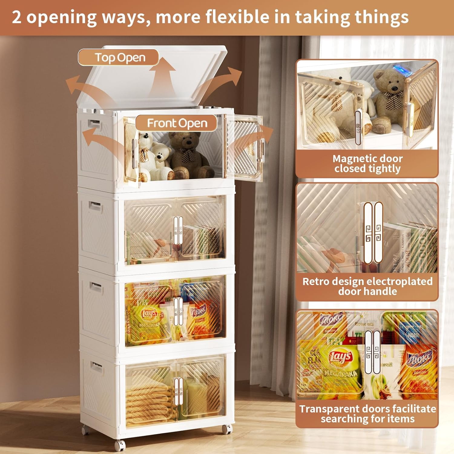 Storage Bins with Lid 4 Pack 48QT,Stackable Storage Containers with Wheels and Magnetic Doors, Plastic Clothes Closet Organizers and Storage Box for Home and Office