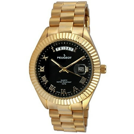 Men's '14K All Plated Day Date Roman Numeral Big Black Face Fluted Bezel Luxury' Quartz Metal and Stainless Steel Dress Watch, Color:Gold-Toned (Model:
