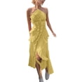 thumbnail image 2 of Women's Elegant Midi Pleated Dress Halter Neck Sleeveless Ruffle Layered Detail Irregular Hem Flowy Chiffon Feel Cocktail Wedding Guest Evening Party Formal Dress, 2 of 7