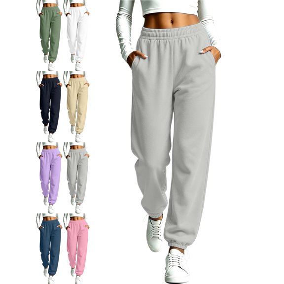Women's Loose Fit Cuffed Sweatpants Elastic Waist Ribbed Cuffed Ankle Tapered Casual Athletic Workout Lounge Fall Winter Everyday Pants with Pockets