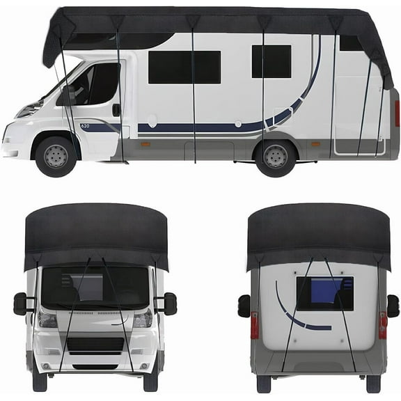 RV Roof Cover, 210D Oxford Cloth Roof Protection Cover, Waterproof & UV Resistant for RVs, Rain and Snow Proof with 2 Extra Straps, Caravan Roof Protection Tarpaulin, Black,24.6ft×10ft