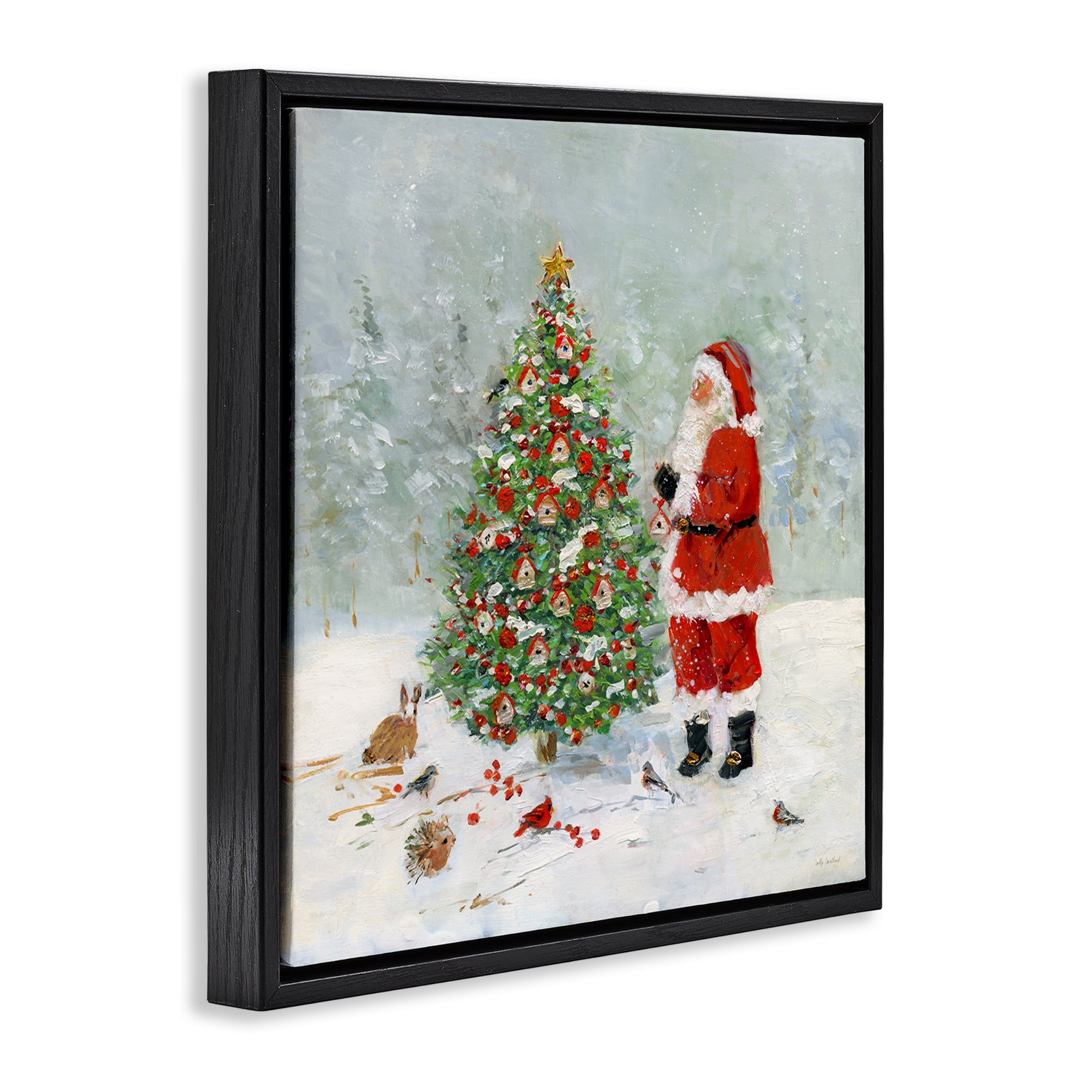 Stupell Industries Santa with Birdhouse Tree Holiday Painting Black Floater Framed Canvas Art Prints Wall Art, 18 x 18